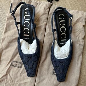Gucci Demi Crystal GG Denim Slingback Pump size 38